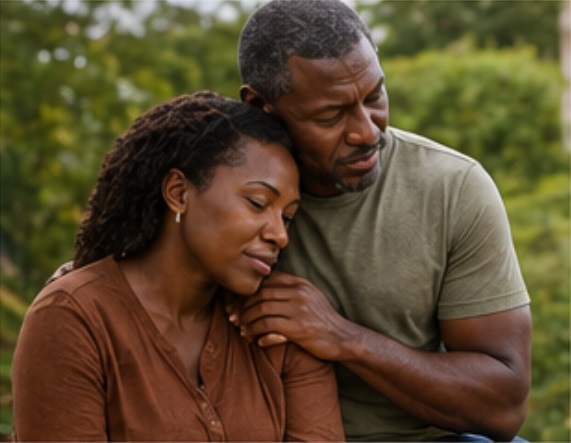 An African couple in intimate poise leaning on each other